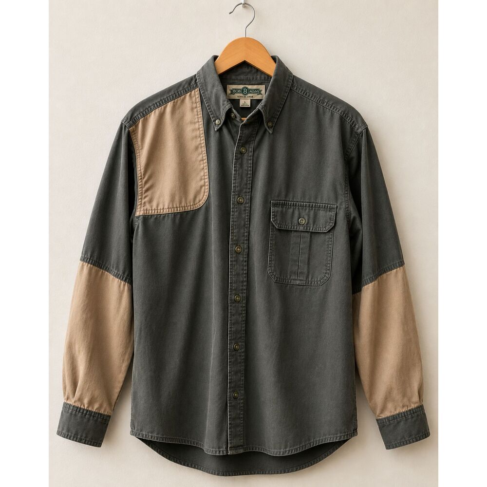 Bob G Allen Men’s L Hunting Shooting Shirt Olive Tan Colorblock Long Sleeve